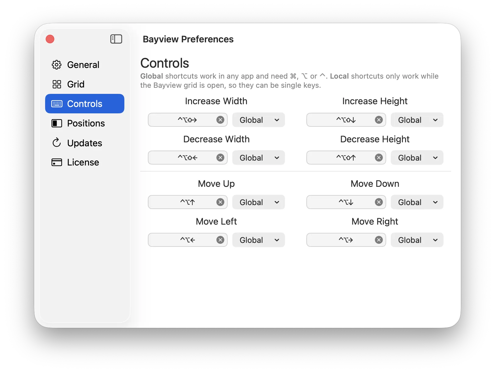 Bayview preferences window showing the Controls settings