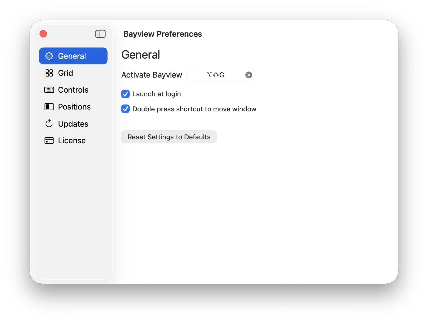 Bayview preferences window showing the General settings