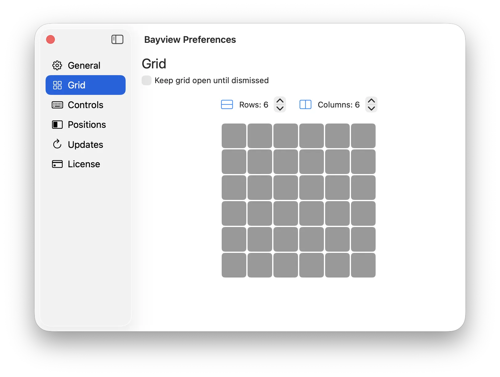 Bayview preferences window showing the Grid settings