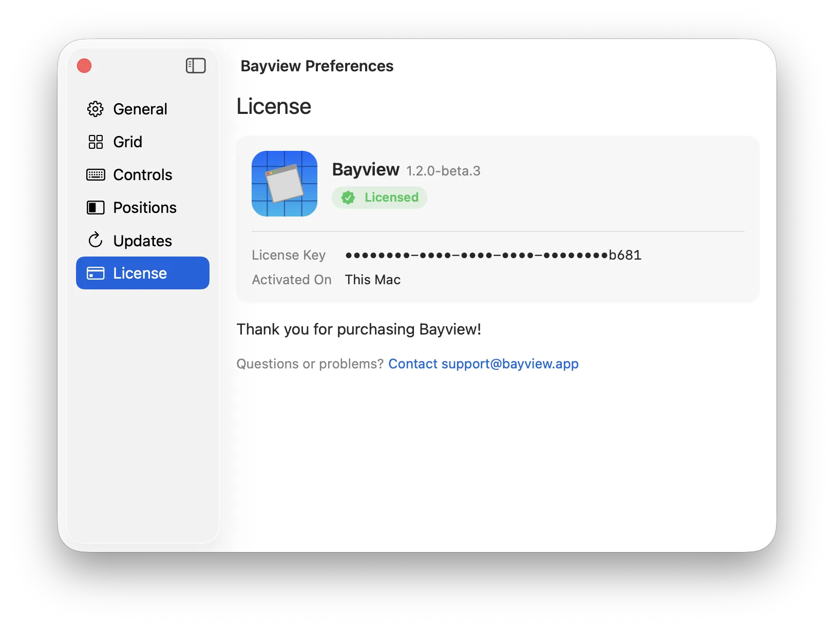 Bayview preferences window showing the License settings