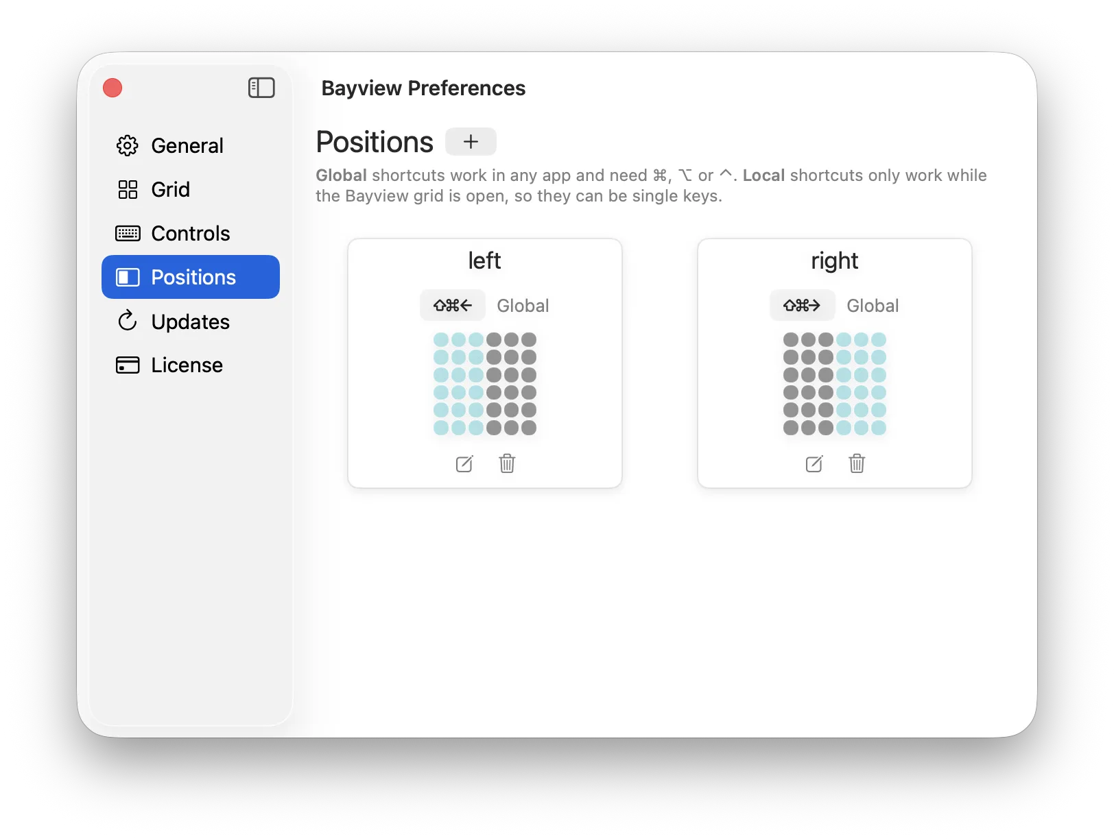 Bayview preferences window showing the Positions settings