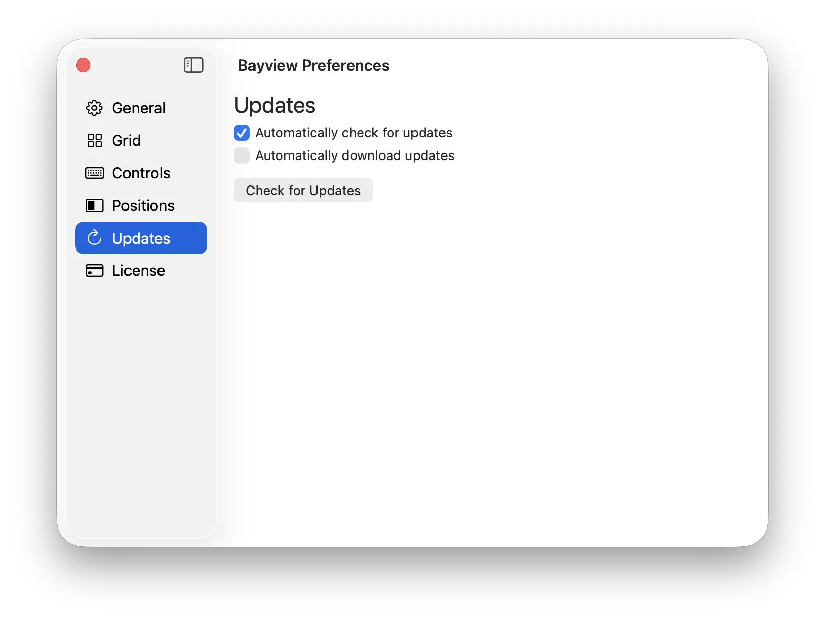Bayview preferences window showing the Updates settings